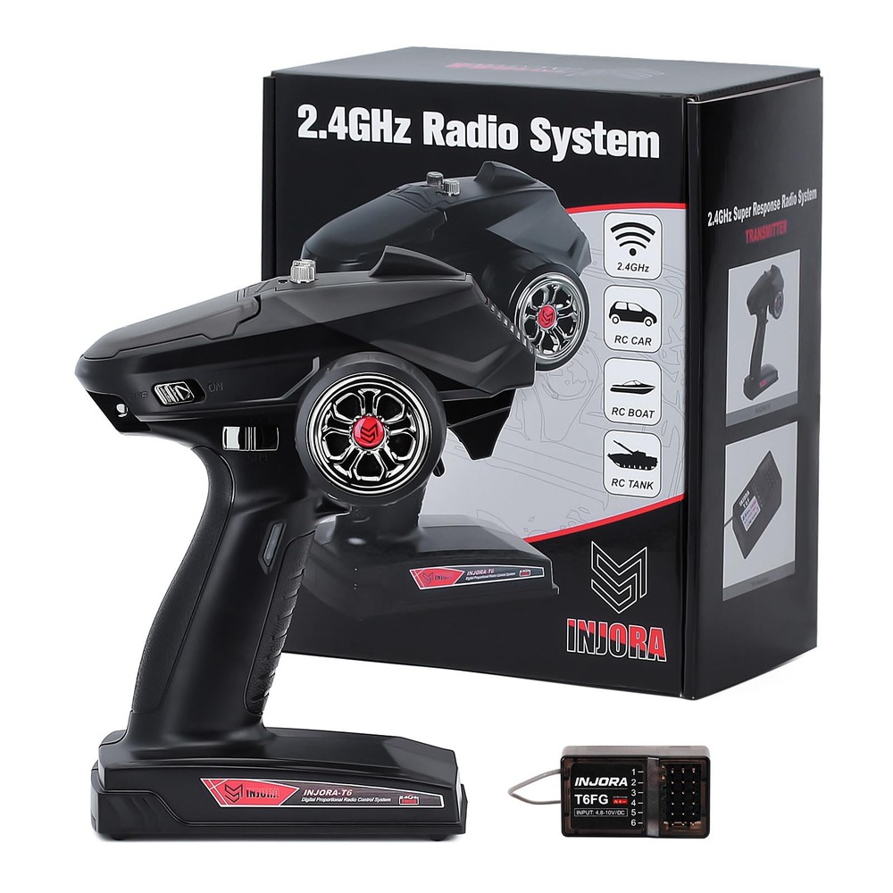 INJORA RC Transmitter 2.4GHz 6CH Controler and Receiver with Gyro, Black