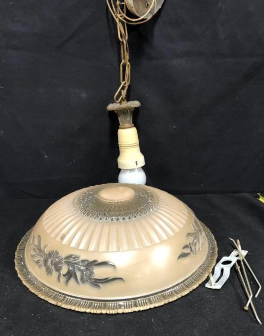 Antique Art Deco Glass Ceiling Light Fixture Frosted & Clear 3 Chain Shade 14”