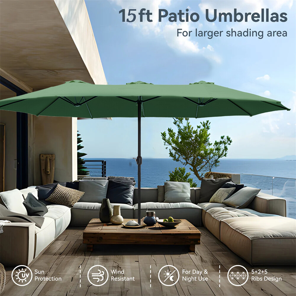 15ft Patio Large Umbrella Double-sided Market Crank Outdoor Garden Parasol Shade