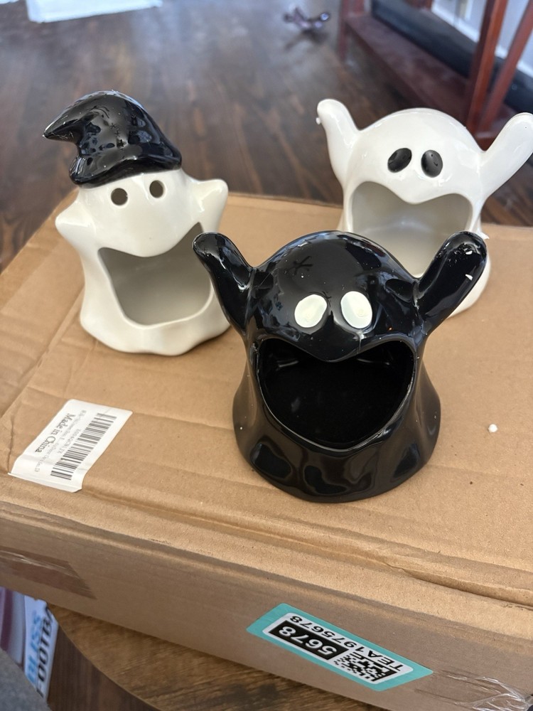 3 Ceramic Ghost Tea Lite Holders