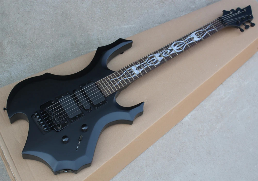 Special Shape 6 String Matte Black Electric Guitar Tremolo Bridge,Flame Inlay