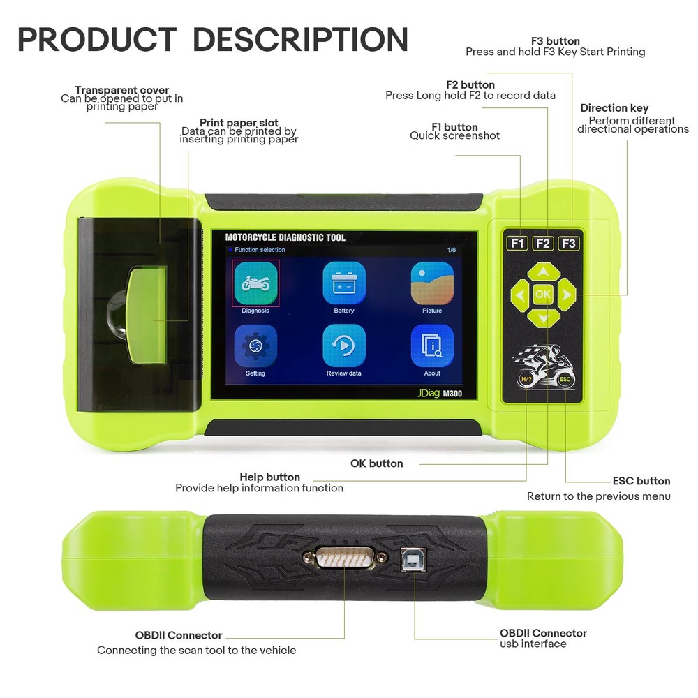 JDiag M300 Motorcycle Code Reader Scanner Diagnostic Tool ABS Battery Analysis