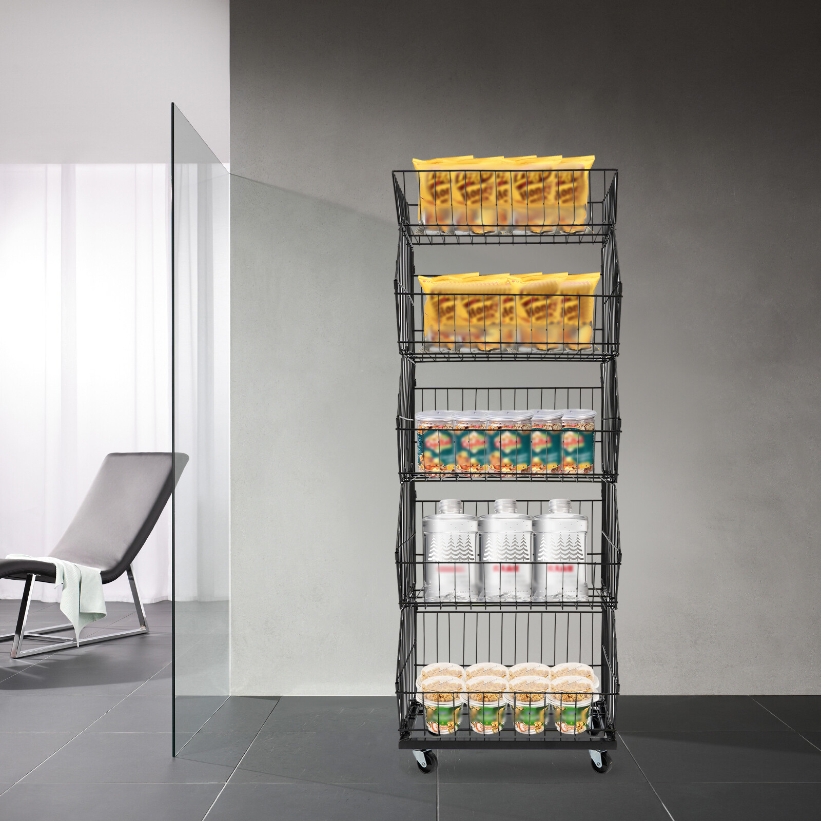 5 Tier Wire Grid Retail Display Shelf Merchandise Display Rack Stand W/ Wheels