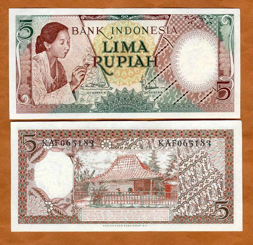 Indonesia, 5 Rupiah,  ND (1958), P-55, UNC Woman making embroidery