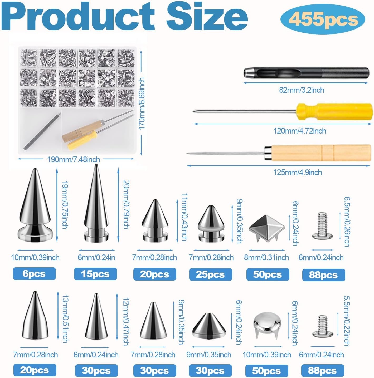 455PCS Punk Spikes and Studs Kit for Clothing, 12 Sizes Premium Metal Cone Spike