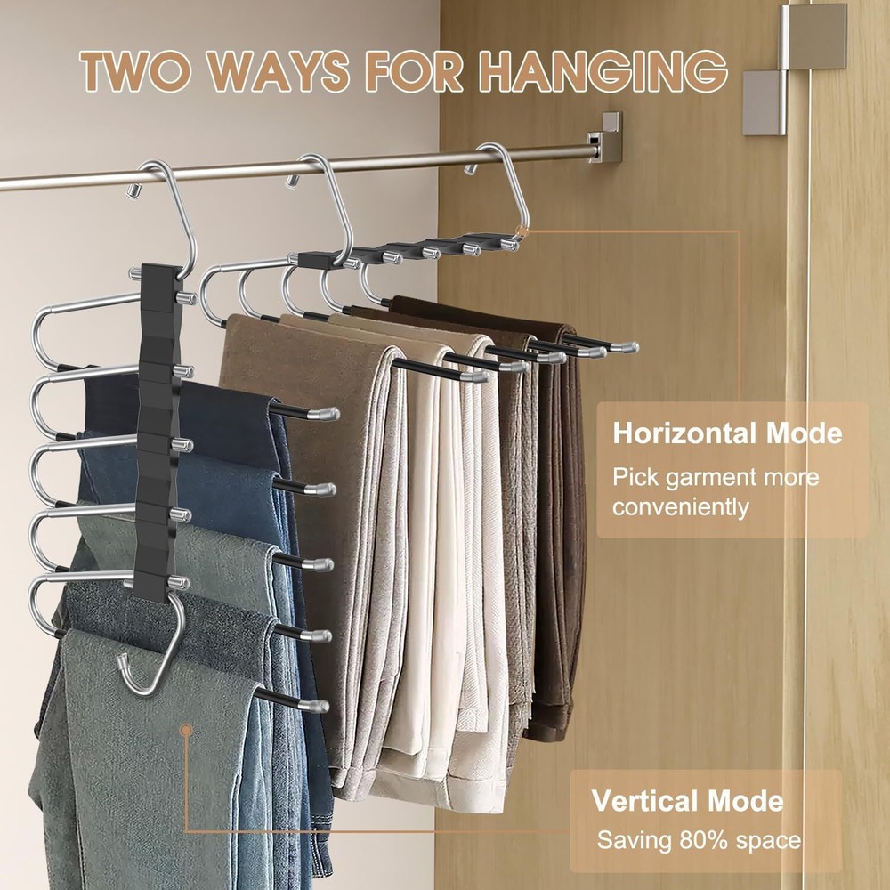 2 Pack Pants Hangers Space Saving, Anti-Slip Multi-Functional 2 Pack, Black