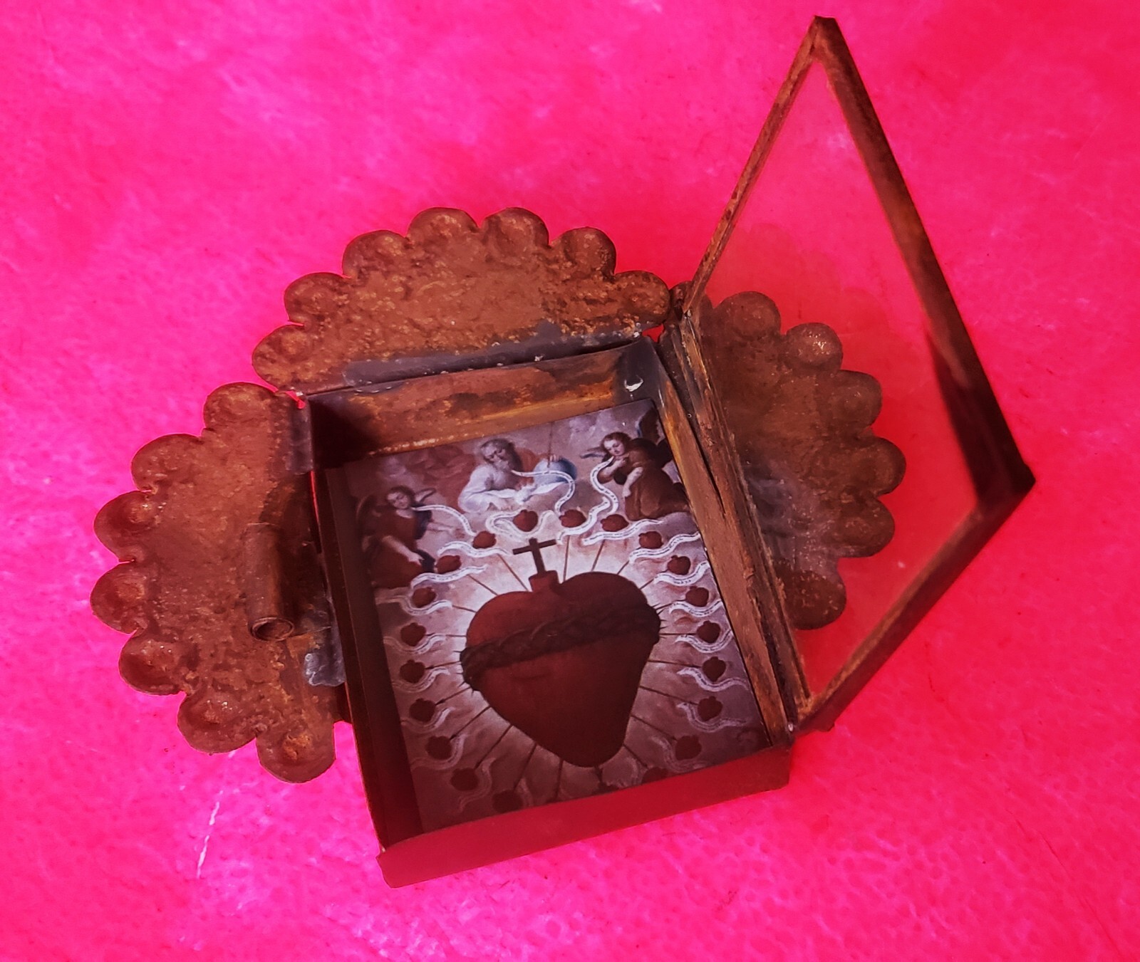 Rustic Mexican Flaming Sacred Heart Jesus Christ tin wall hanging nicho folk art