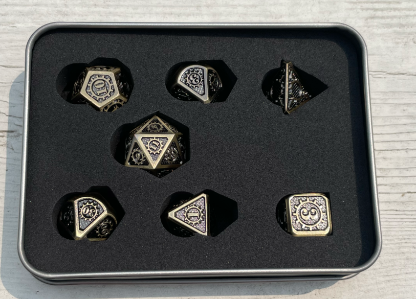 7pcs Polyhedral Metal Dice Set Gold Gear Theme for DND