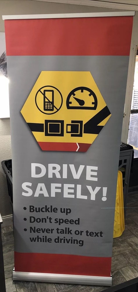 Double Sided Retractable Pull Banner Stand 33”x78” Visual Area Driving Safely