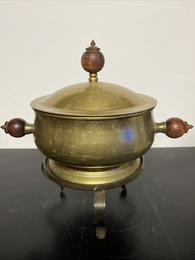 Vintage Heavy Thick Gauge Solid Brass Chafing Dish with Wood Handles R5