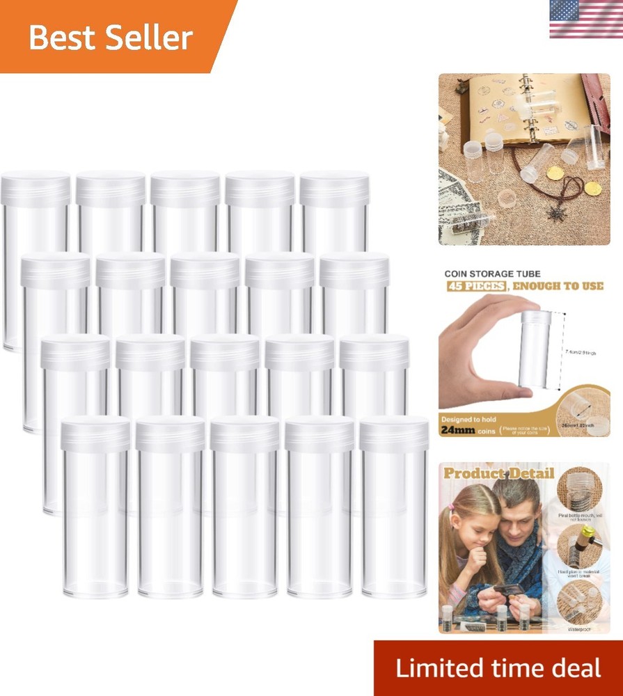 Compact Clear Plastic Quarter Storage Tubes - 45 Count with Rotatable Screw Lids