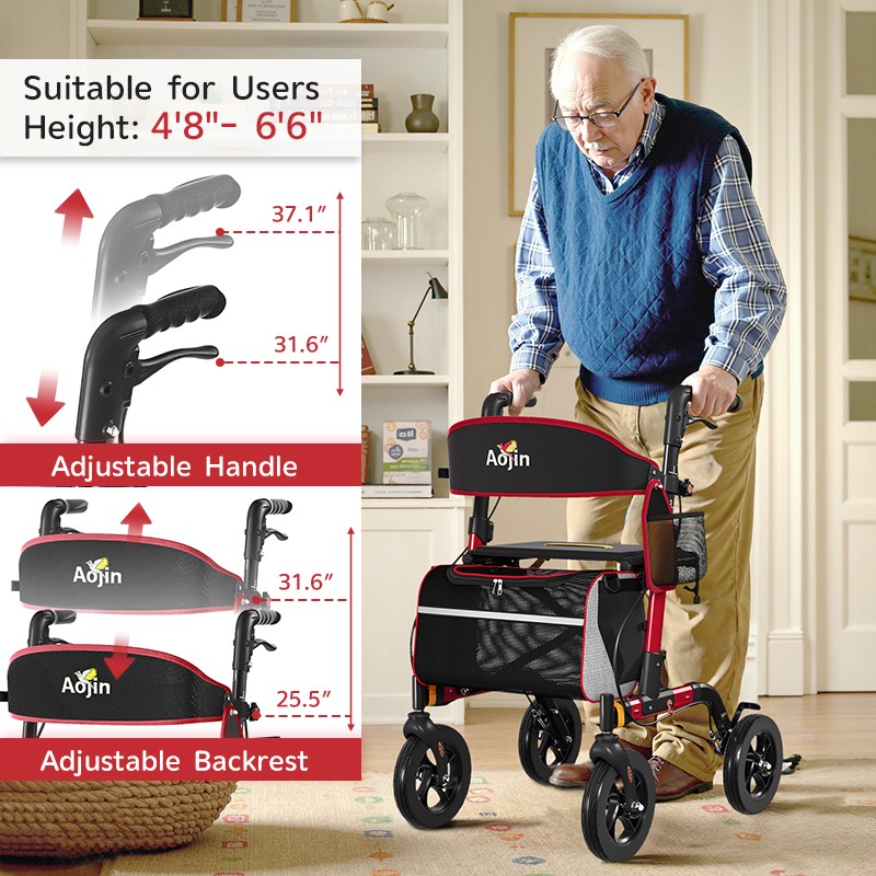 Foldable Rollator Walker 350 lb Capacity w/ 18" Seat & 8" Wheel Rolling Walker