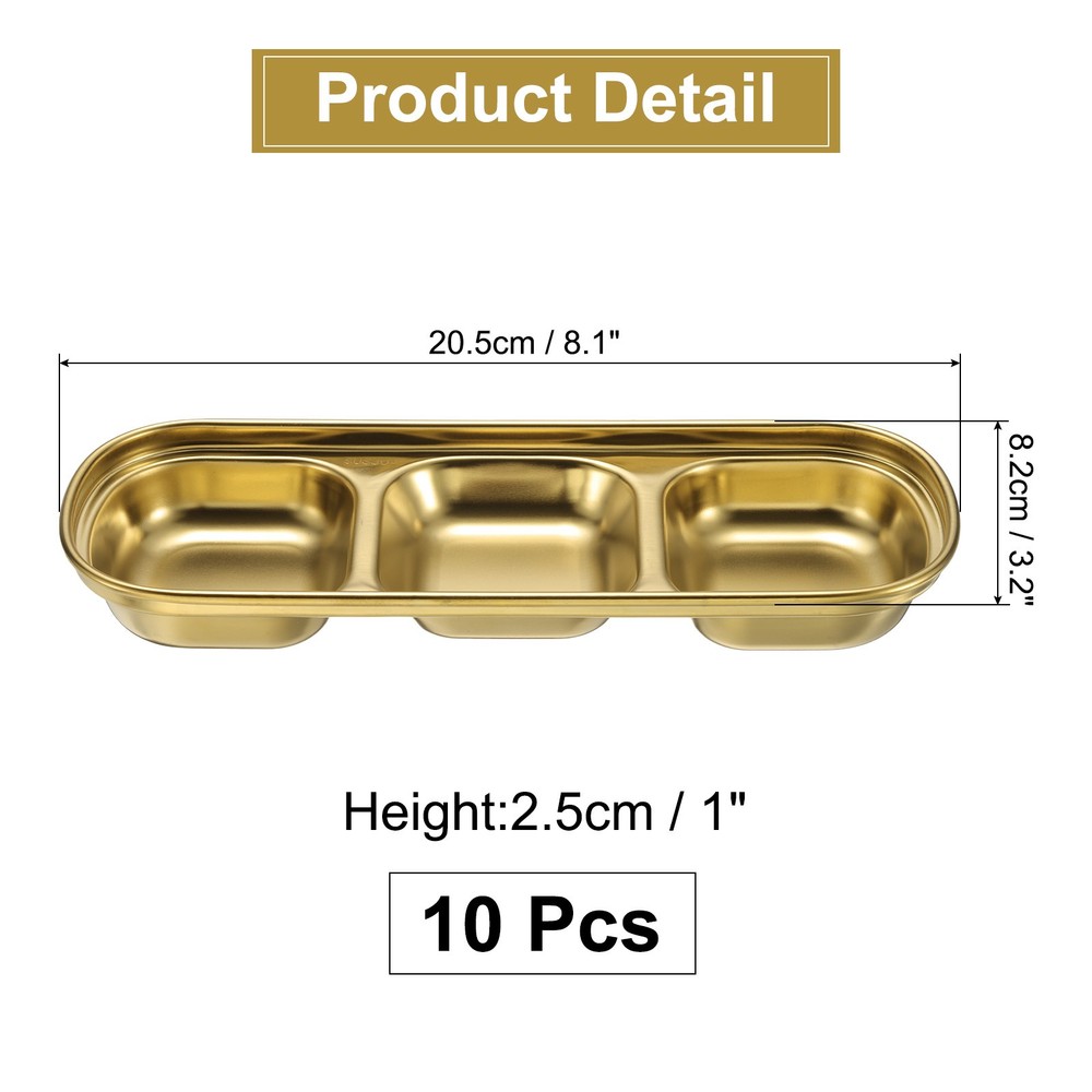 10pcs Metal Dish Dipping with 3 Rectangular Compartment Divided Gold