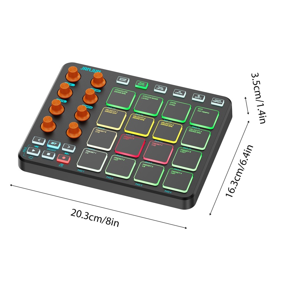 JAMJUM MIDI Controller 16RGB Pads 8Knobs 2000mAh Wireless USB for Music Creation