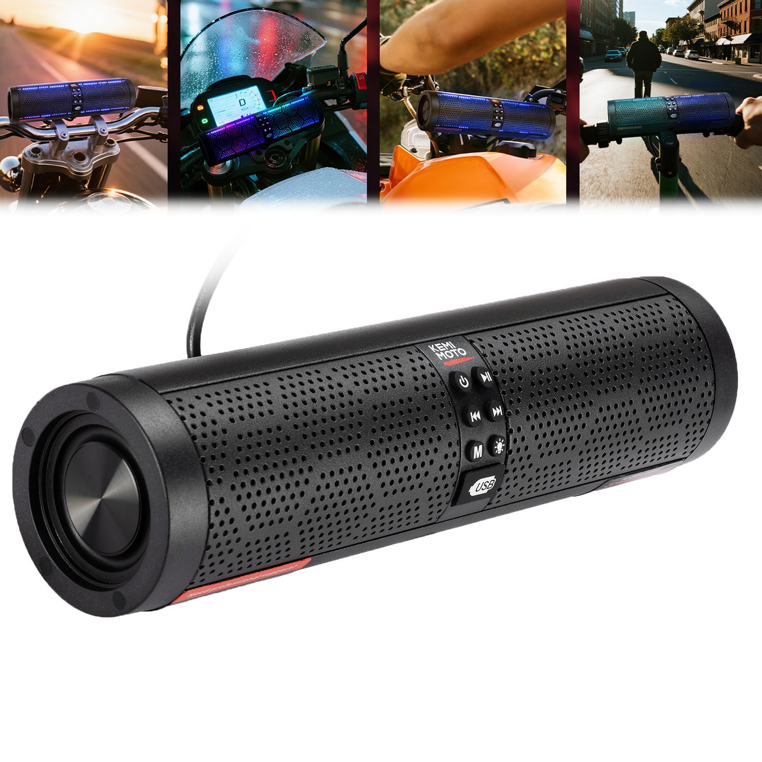 4-Speaker Motorcycle Sound Bar Bluetooth USB Audio System for 7/8-1.2" Handlebar