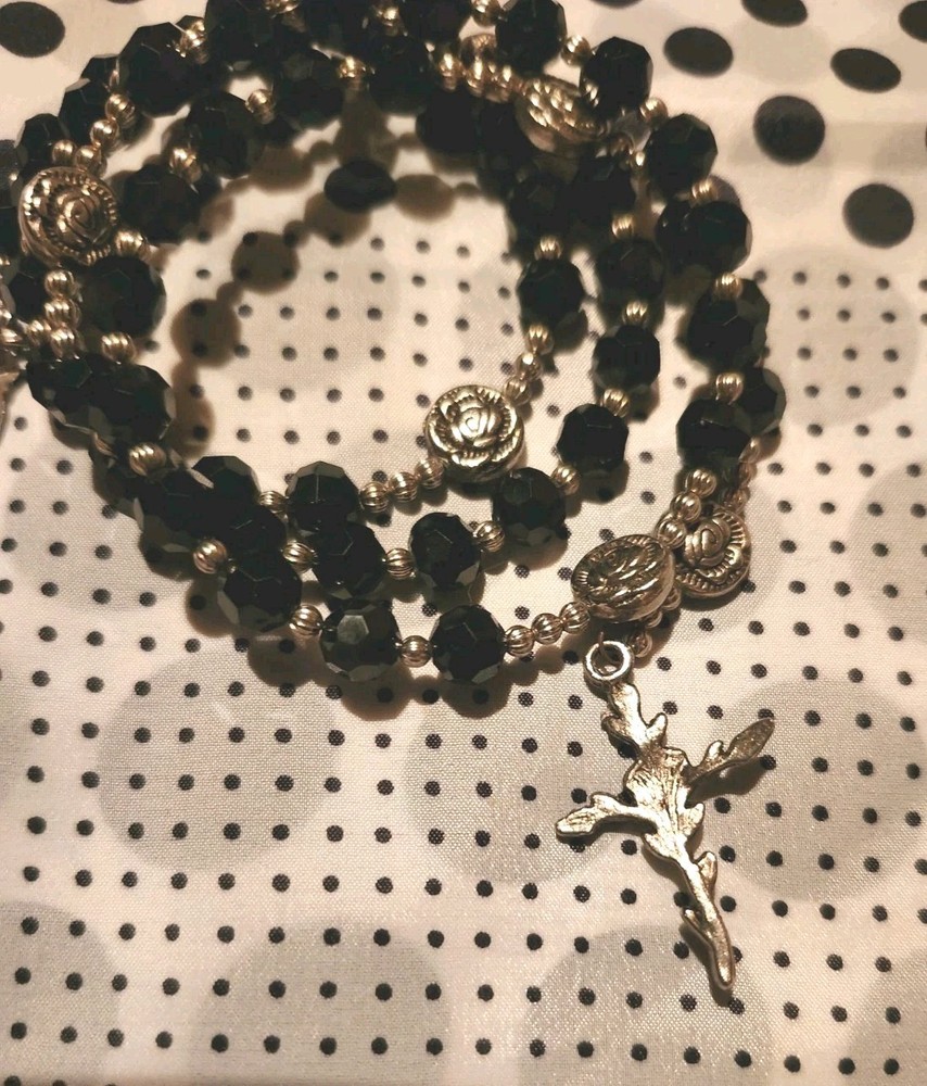 Artisan Hand Crafted Black & Silver Crystal Bead Wraparound Rosary Bracelet