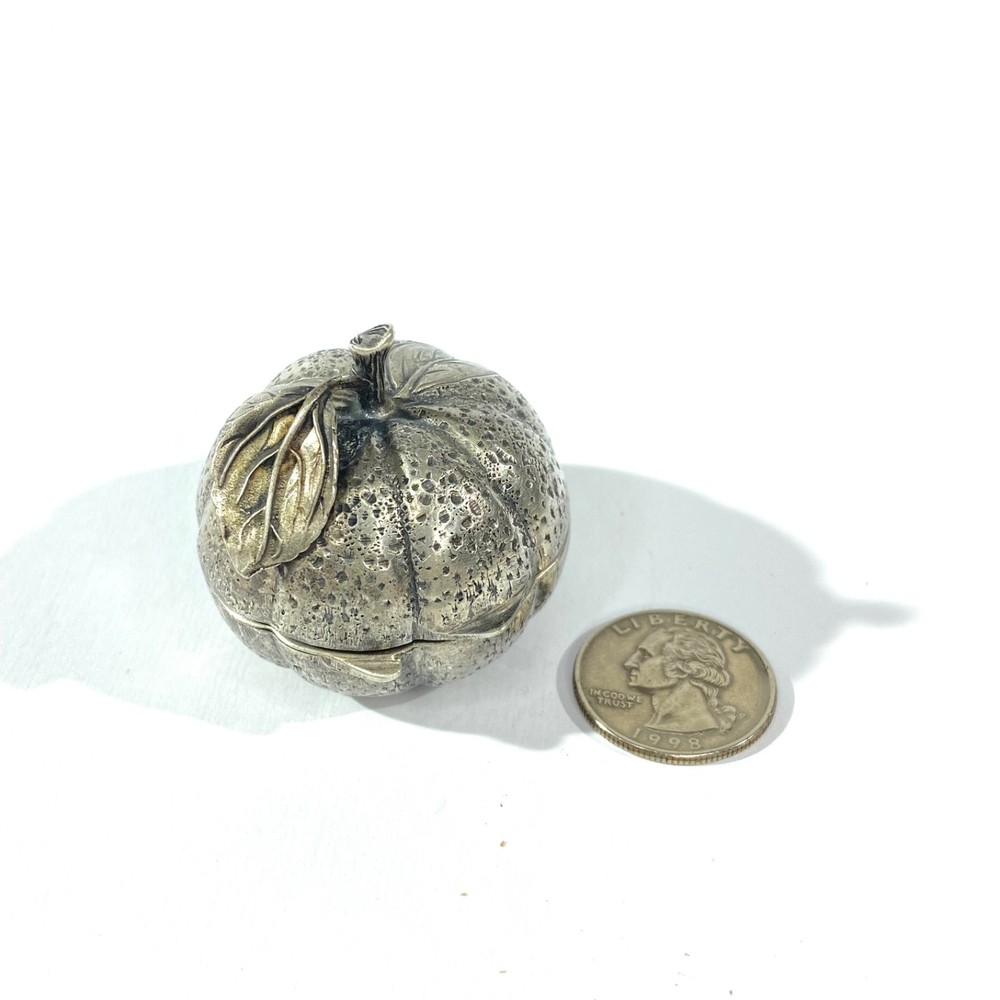 Vintage Italian Pumpkin shape Solid Silver Pill Box , hallmarked pillBox