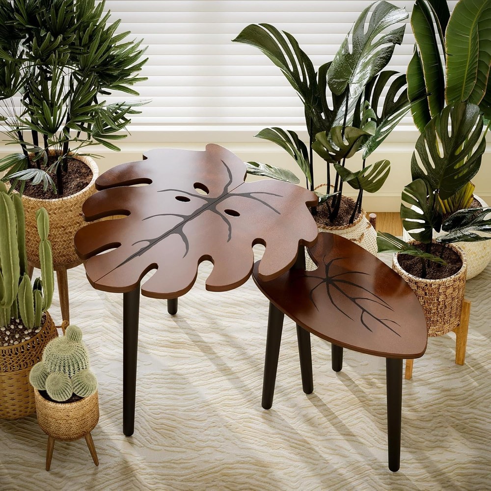 Compact Modern Nesting Tables with Monstera Leaf Design - Perfect for Any Room