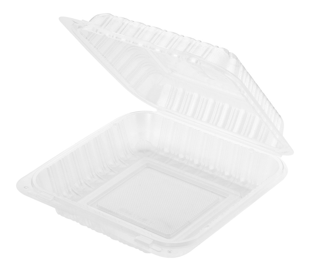 PP Hinged Container 9"x9", 1 Compartment, Translucent, Vented, 150pc (150/1)
