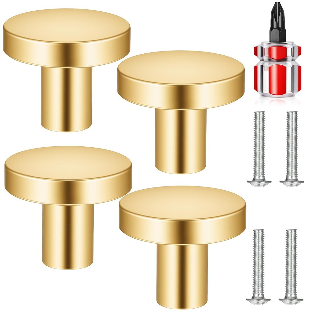 4PCS Gold Cabinet Knobs Round Brass Drawer Pull Handles with Screws Set