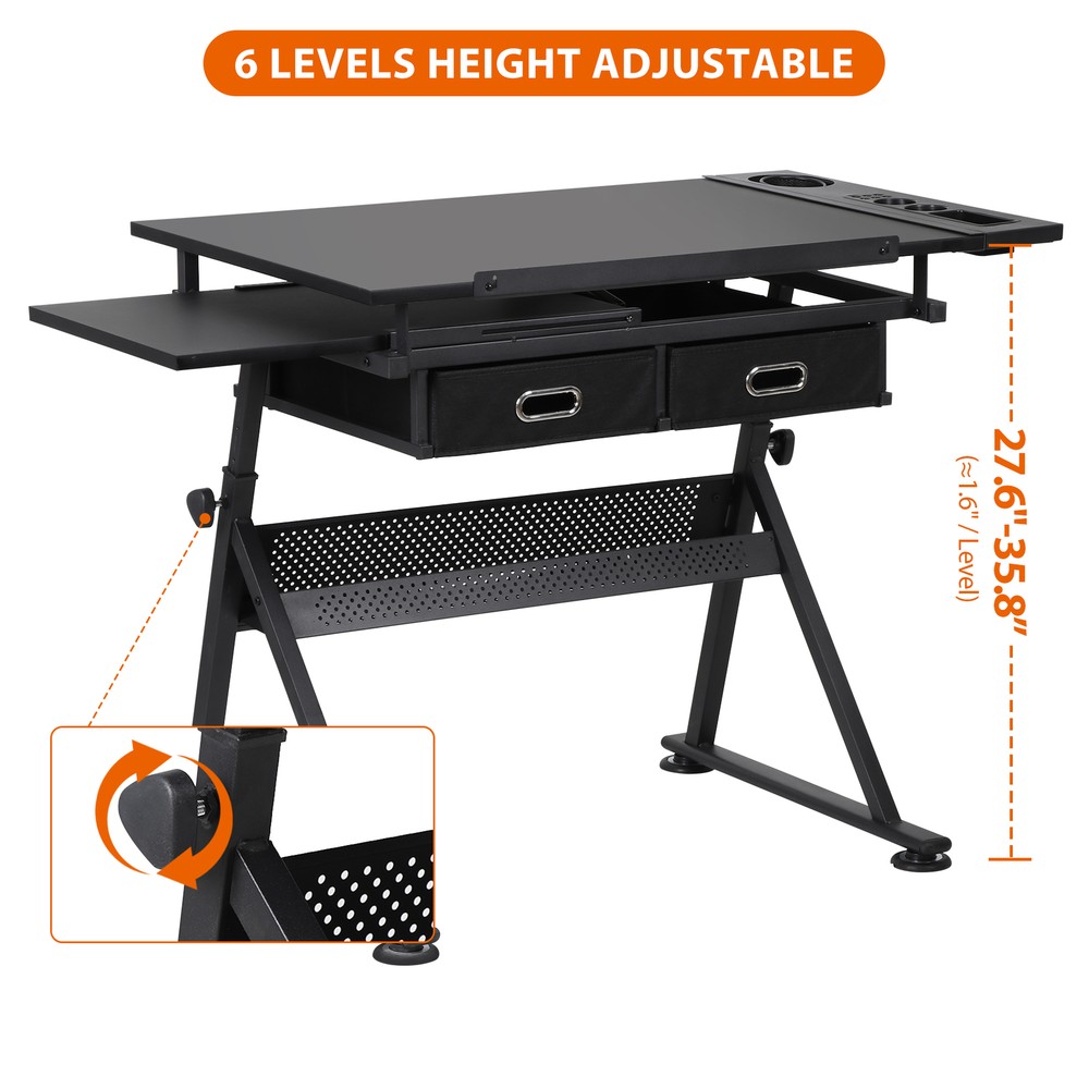 Black Drafting Drawing Table Adjustable Artist Desk Tilting Tabletop with Stool