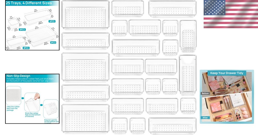 25 PCS Clear Plastic Drawer Organizers Set - Versatile & Stackable Storage