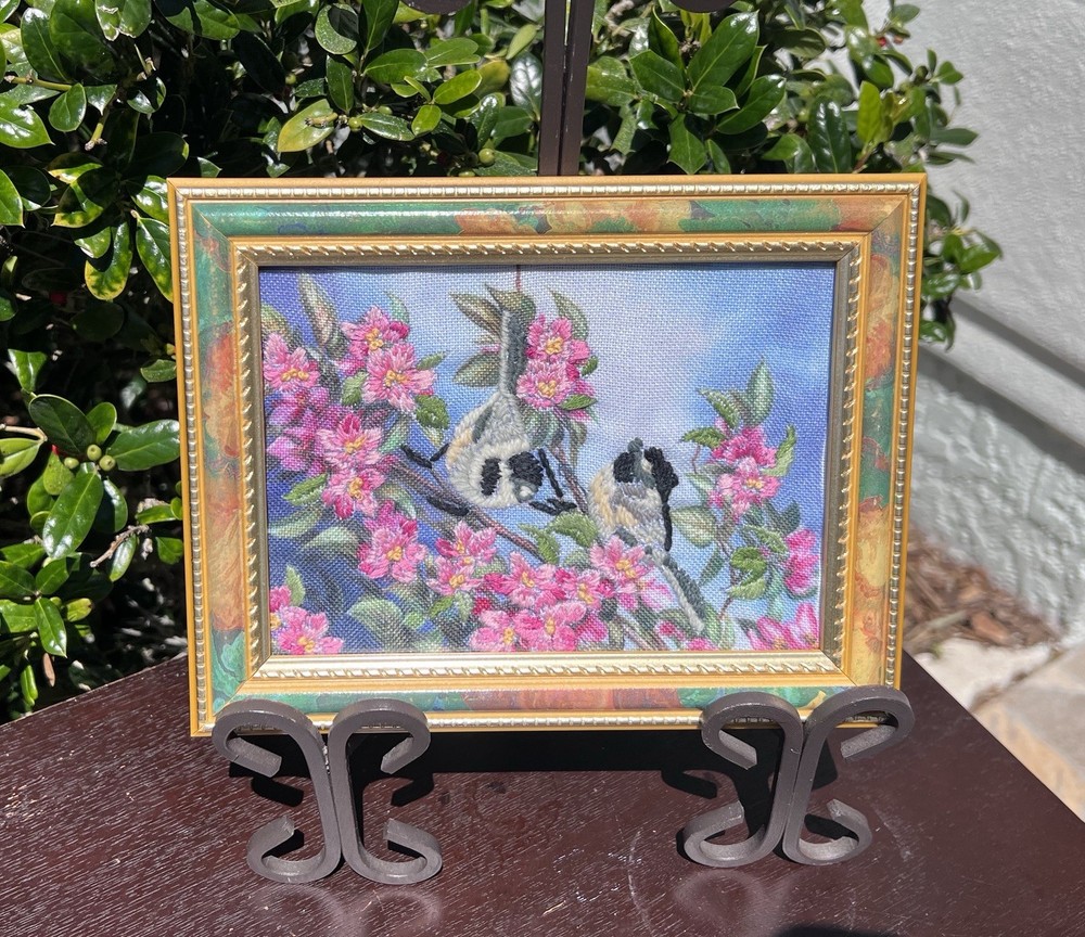 Hand- Stitched ‘Spring Chickadees’ Mini Needlepoint Wall Decor