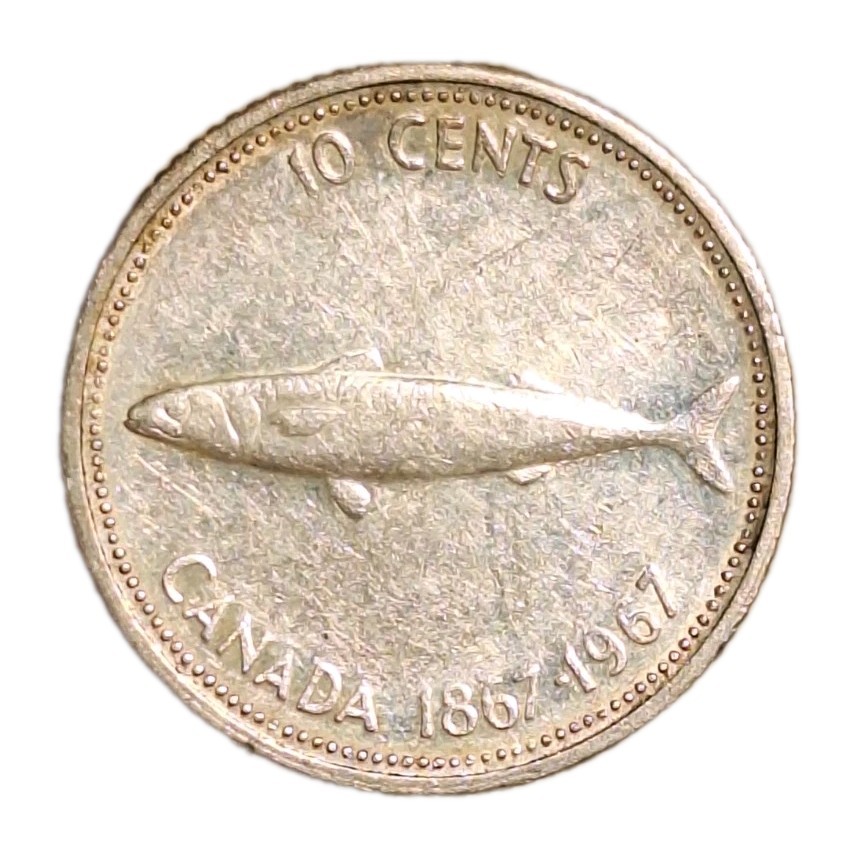 1967 Canada Centennial Design 10 Cents Silver Mackerel ~VF Contact Marks