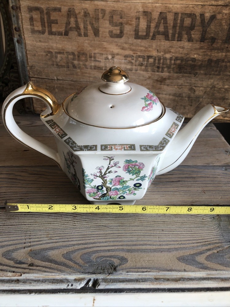 Sadler Teapot Indian Tree Pattern Hexagonal England 4 Cup 1659D Antique Signed