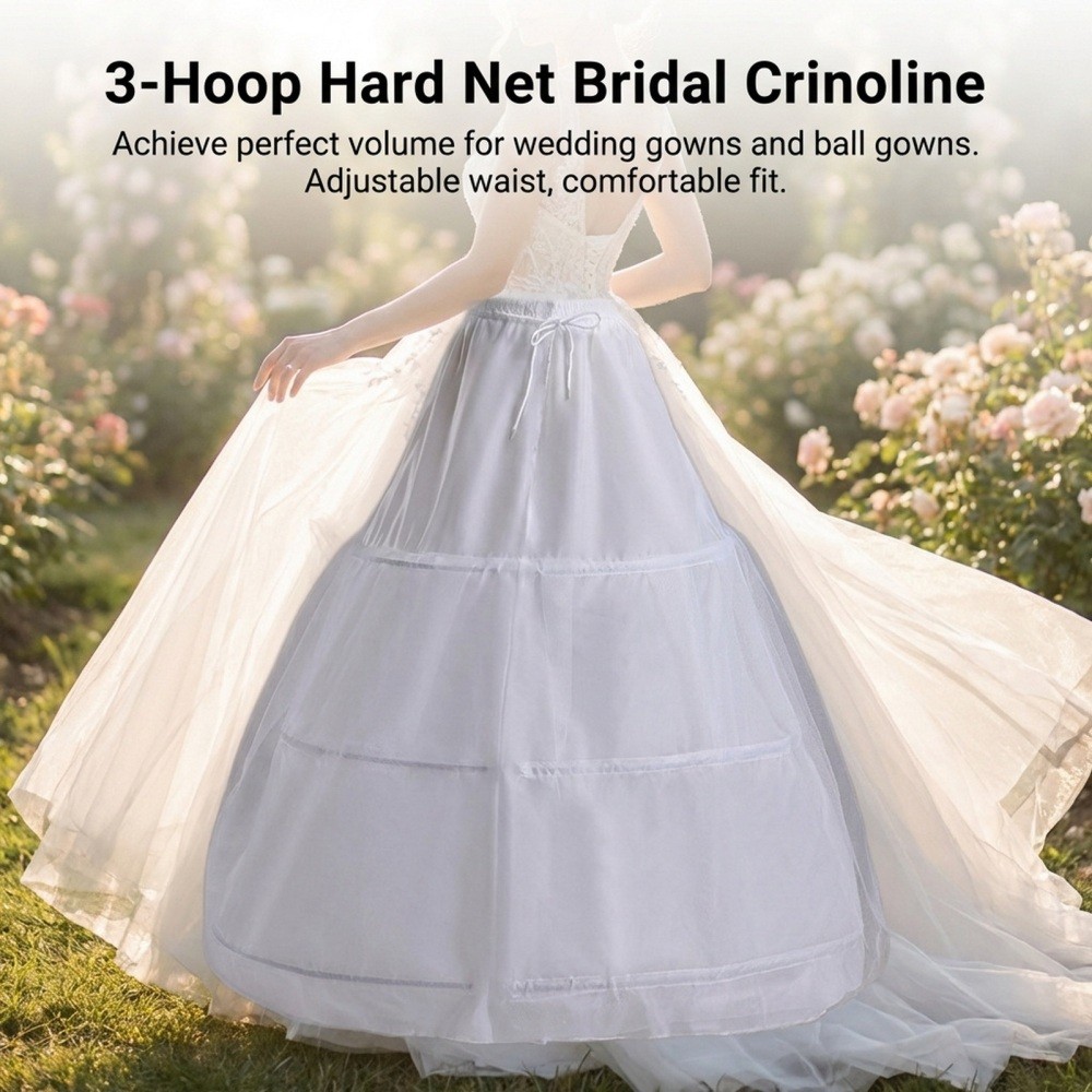 Wedding Crinoline Petticoat with Stiff Tulle 3-Hoop Steel Frame for Full Skirt