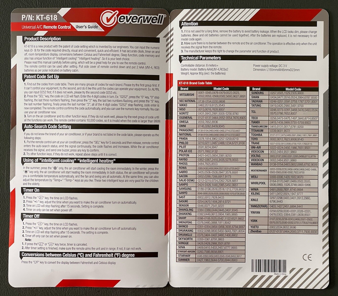 KT-618 Mini Split Universal Remote Control,10000 Codes, Controls 99.9% AC