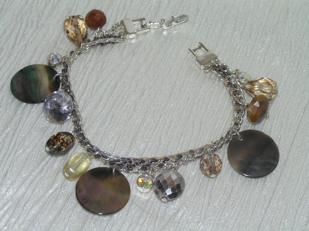 Estate Silvertone Link with Abalone Disk & Clear & Brown Plastic Bead Charm