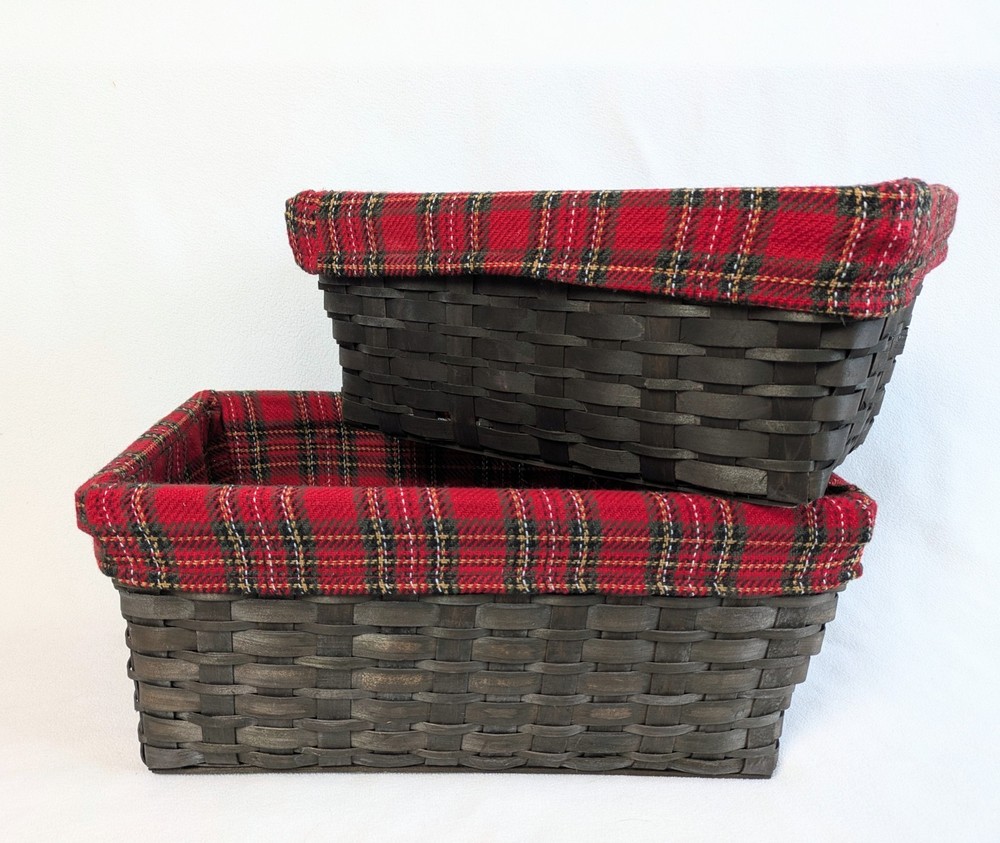 Split Reed Wicker Rectangle Nesting Baskets Holiday Plaid Fabric Lined Set Of 2