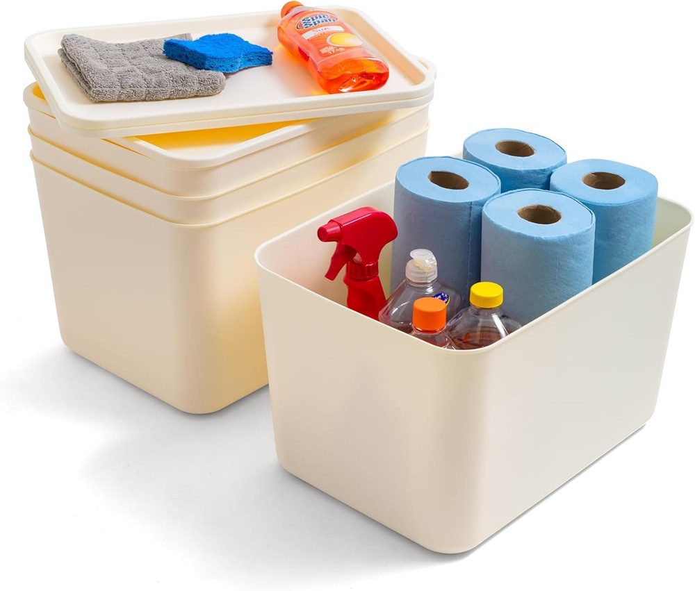 IRIS USA 7 Qt. Plastic Basket Storage Bins W/ Lids Small 4-Pack Stackable Lidded