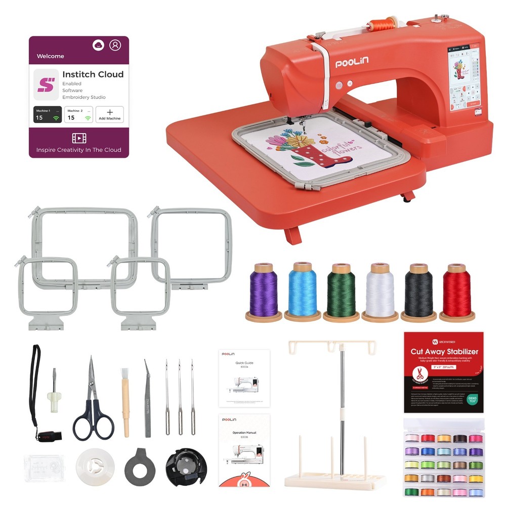POOLIN EOC06-RE RED Computerized Embroidery Machine Large area LCD Touch Screen.