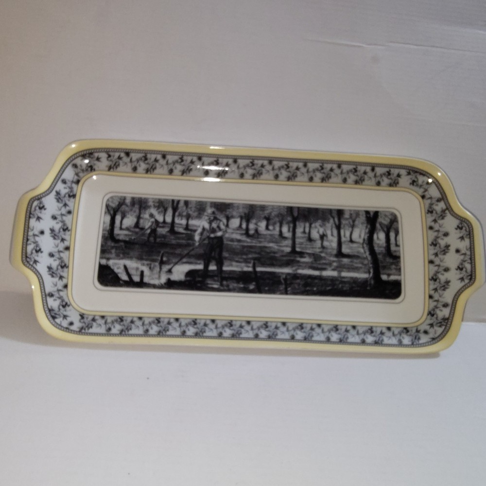DesignPac Long Rectangular Ceramic Serving Tray Platter Black White Handle Sides