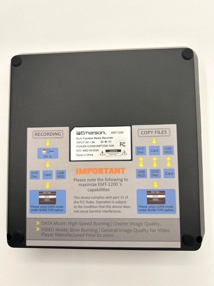 Emerson EMT-1200 Multi-Function Media Recorder DVD USB AV SD Card Input New