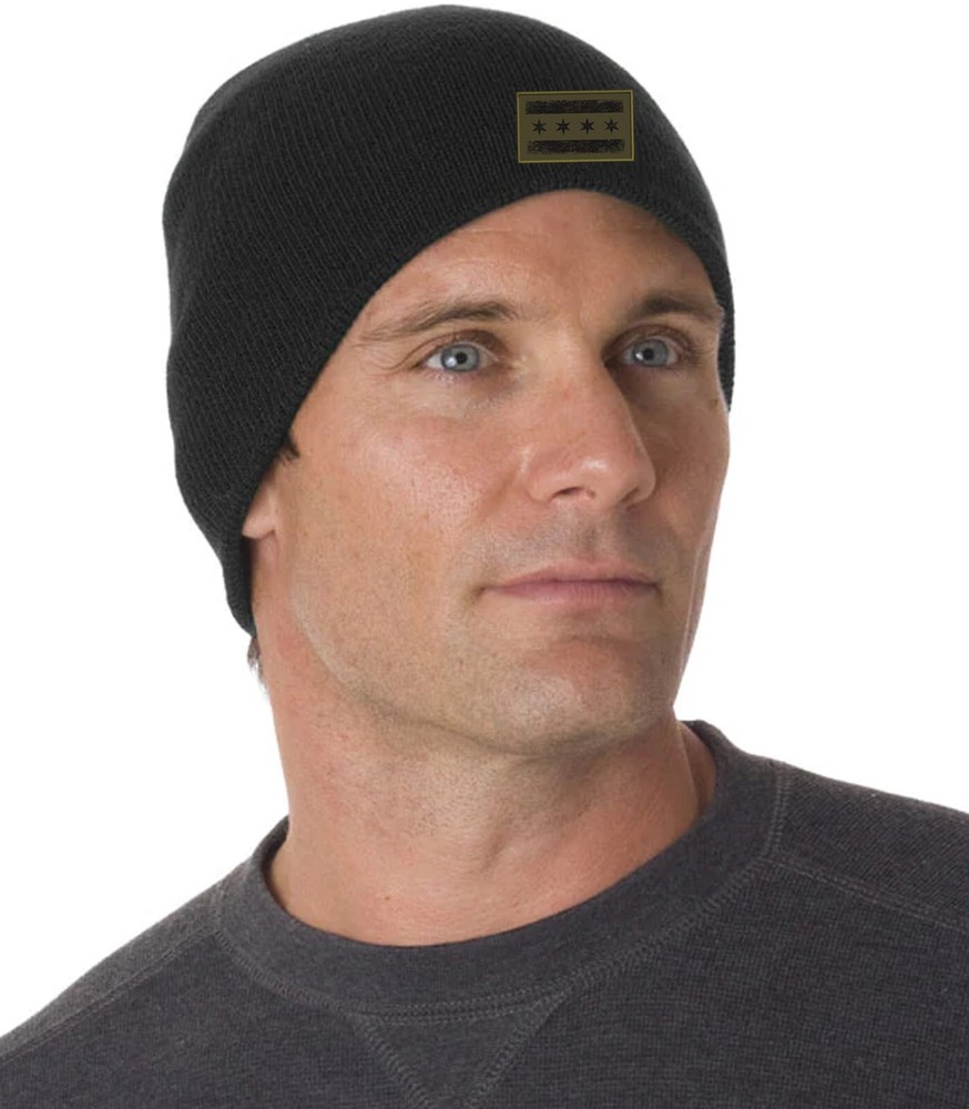 Chicago Flag Skull Knit Hat Olive Patch Black