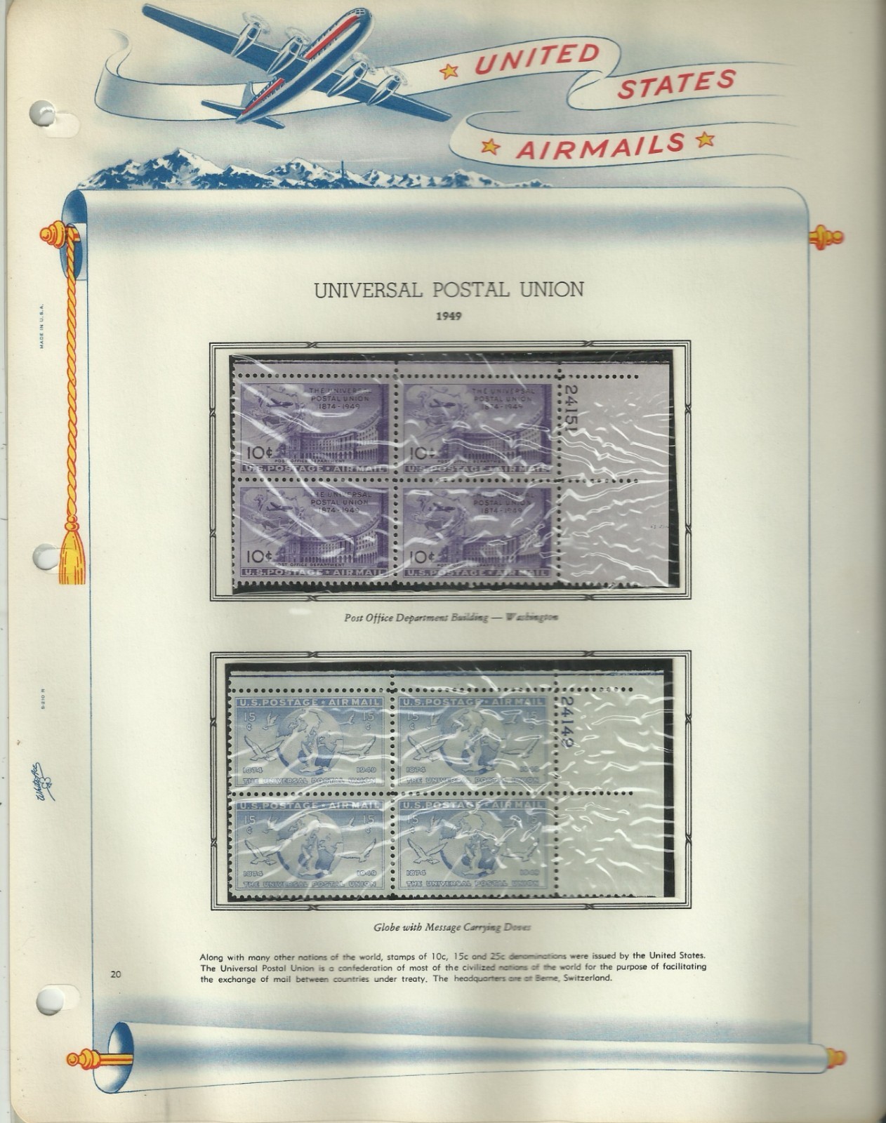 USA Stamps: Air Mail Plate Blocks & Singles on White Ace Album Pages. SCV $350+