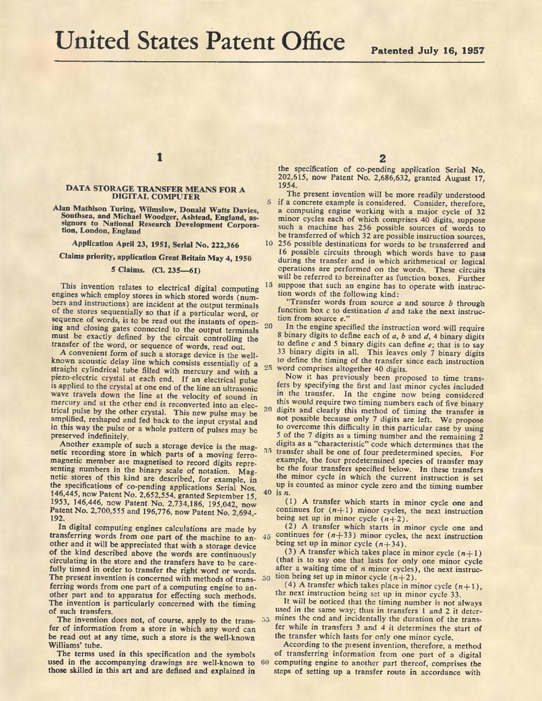 Alan Turing Computer Design Data Storage Official US Patent Art Print - 829