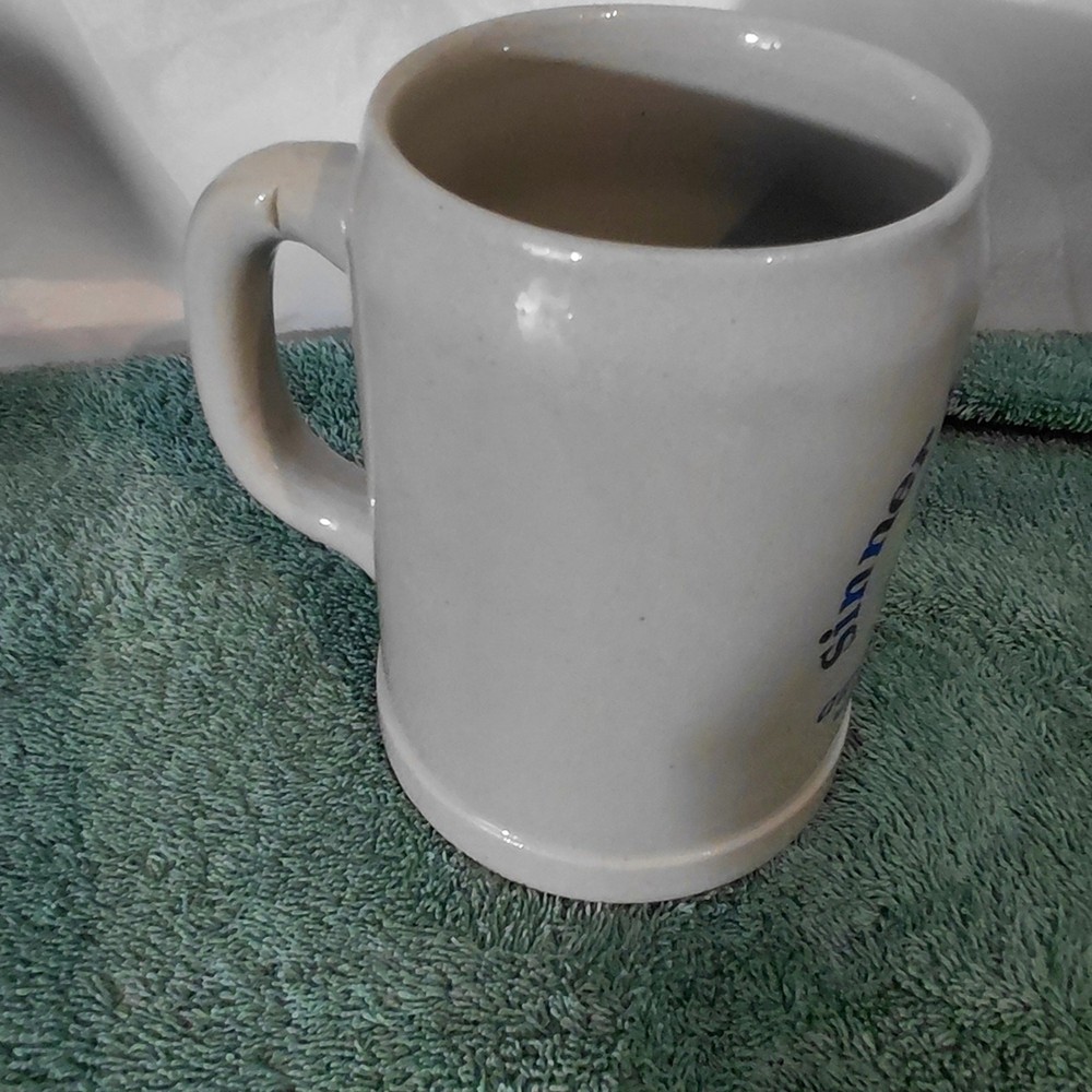 White Ceramic Beer Stein with Blue Crest