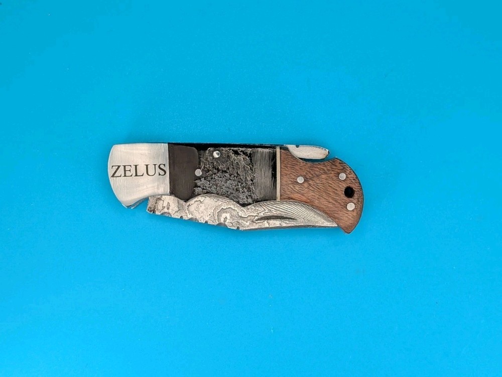 Zelus Damascus Blade Plain Edge Lockback Knife! With Leather Sheath!