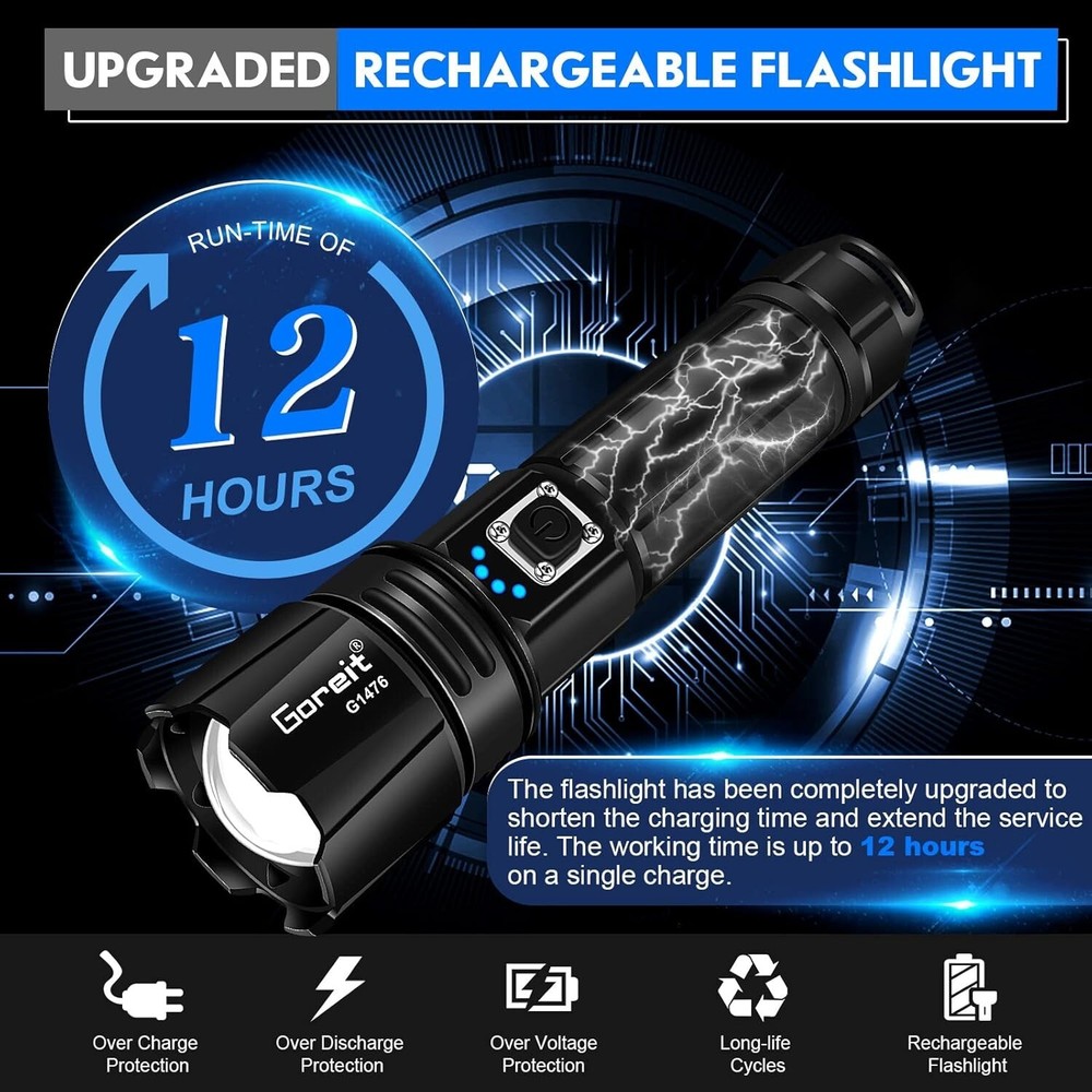 Super Bright Rechargeable Flashlight - 1640ft Range, 5 Modes, Waterproof