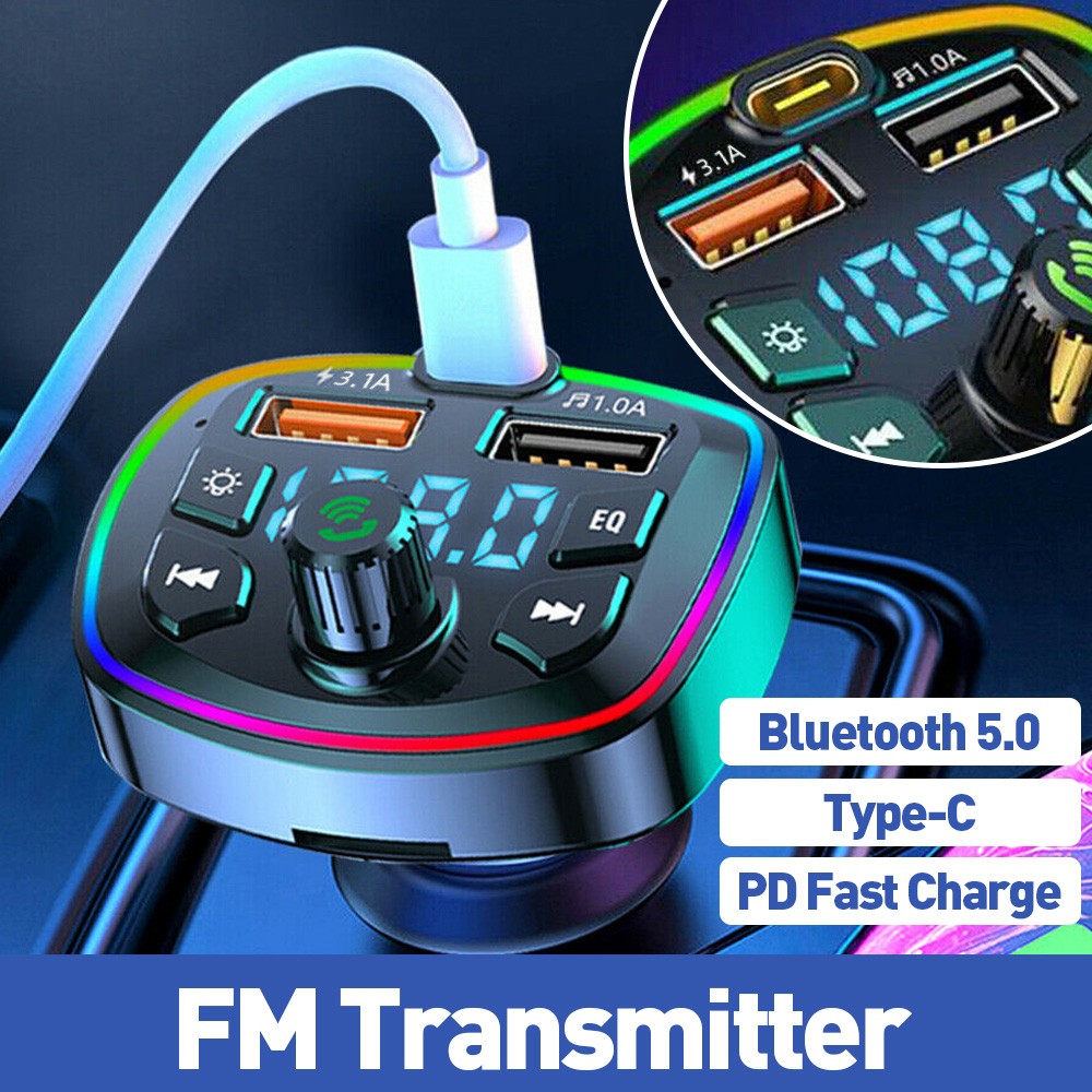 Bluetooth 5.0Car Wireless FM Transmitter Adapter USB PD Charger Hands-Free 3.1A
