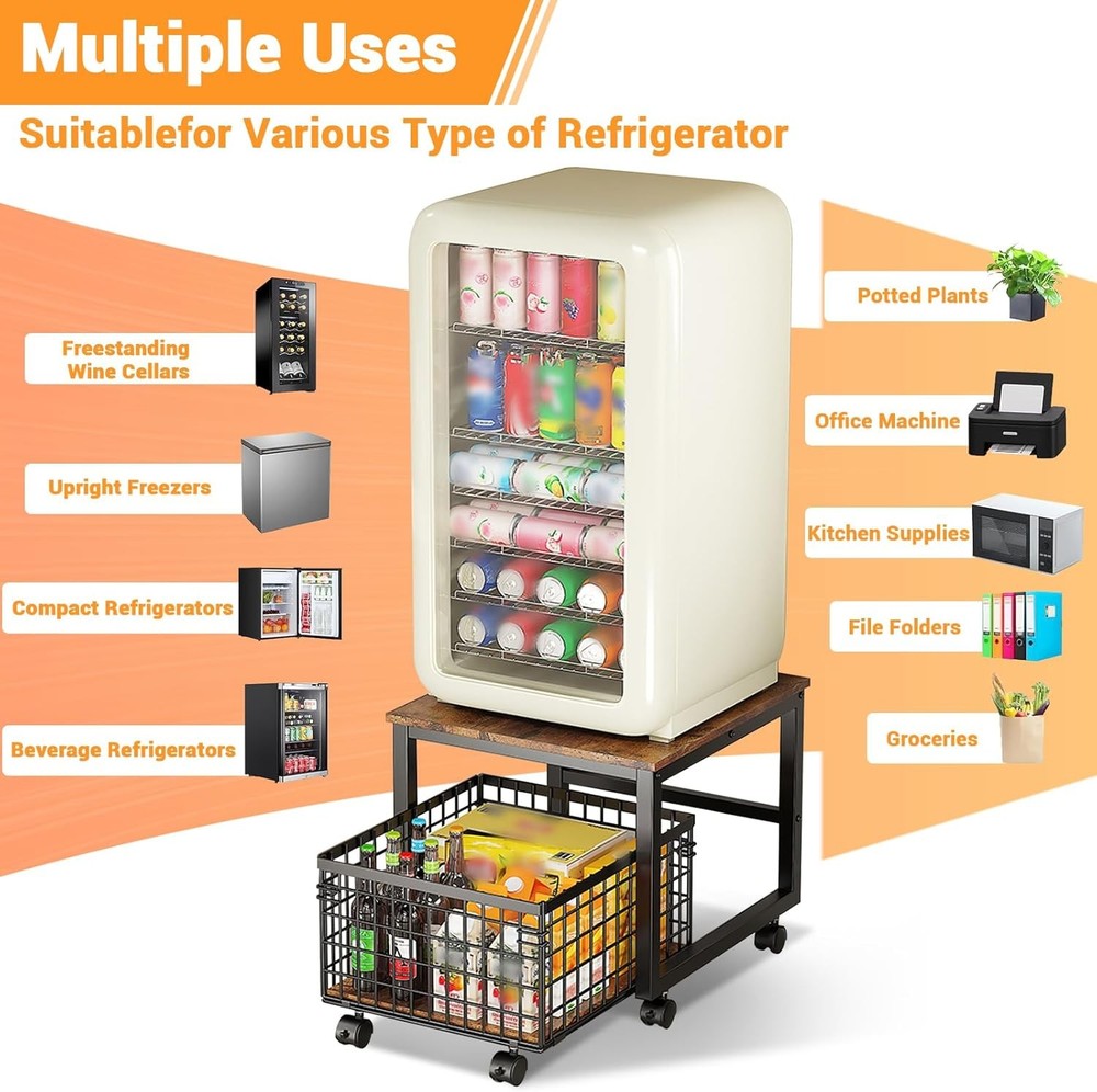 Mobile Mini Fridge Stand with Rolling Drawer Basket Drink Refrigerator Cabinet