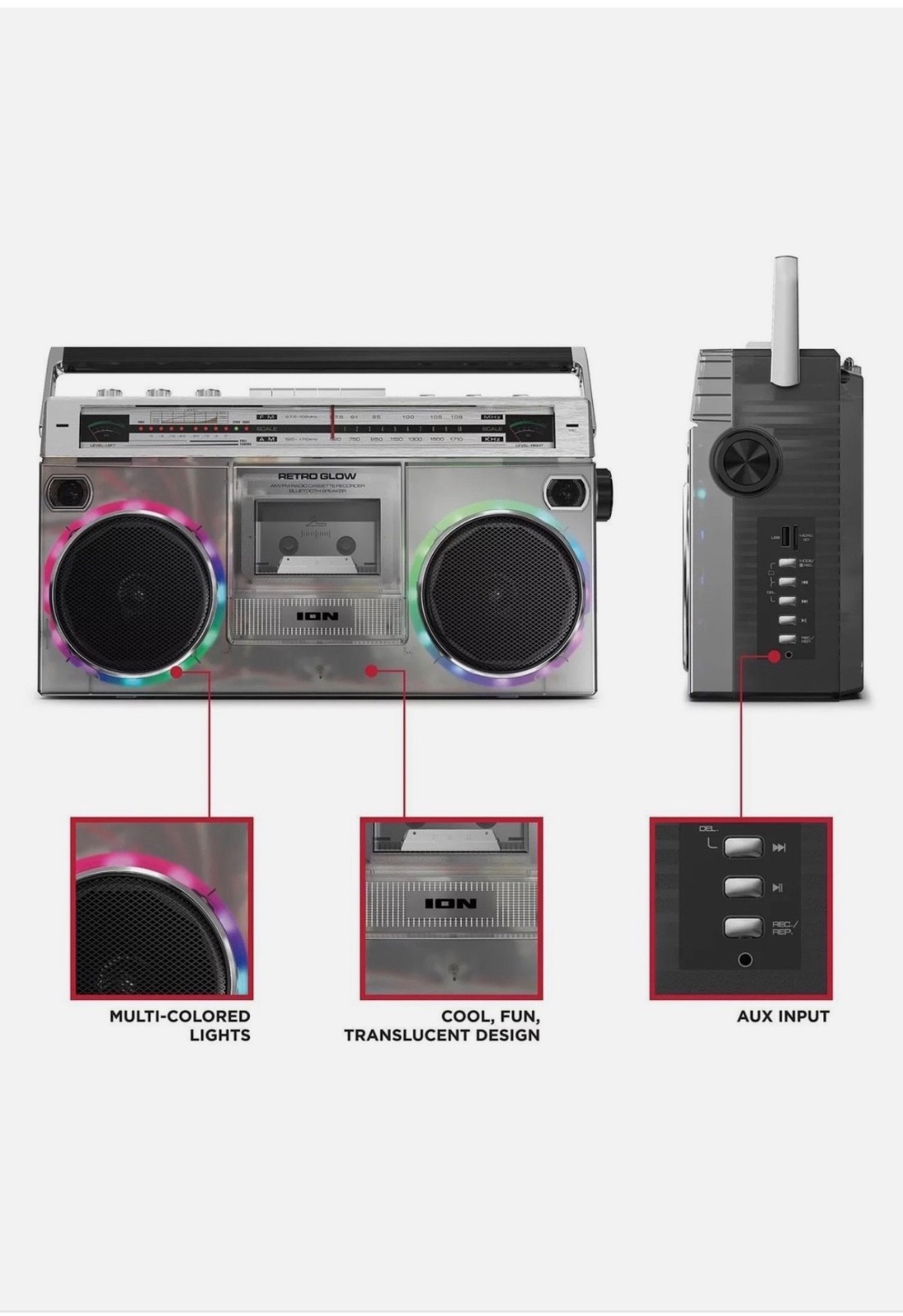 ION Audio Retro Modern Glow Boombox with Cassette Player