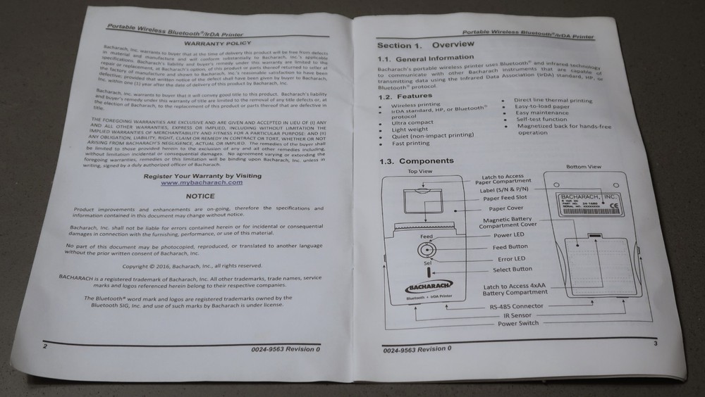 Bacharach 0024-1680 Wireless Bluetooth IrDA Printer for PCA COMBUSTION Analyzer