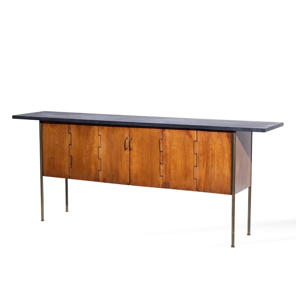 Milo Baughman for Directional Walnut, Slate and Brass Console Credenza