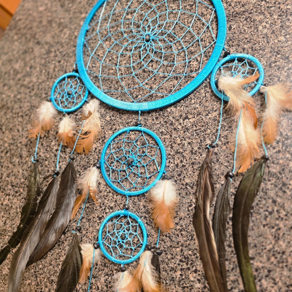 Large Dreamcatcher - Black & Blue with Multicolored Feathers