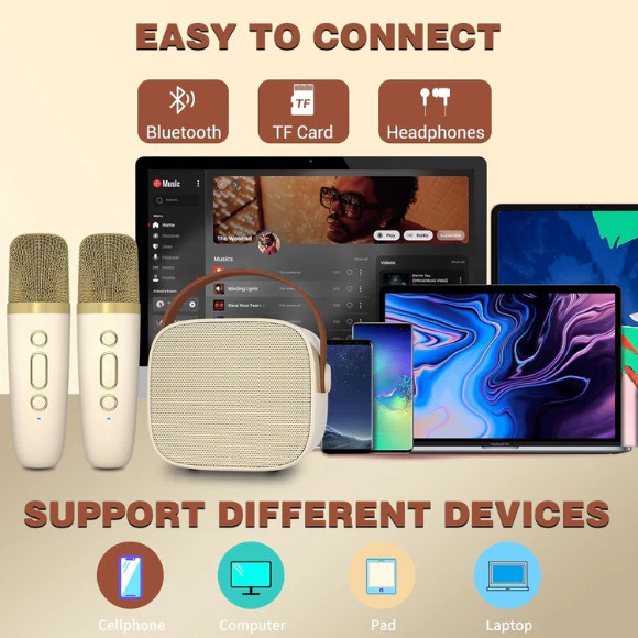 "Mini Karaoke Machine with 2 Wireless Microphone, Bluetooth Speaker for Kids and